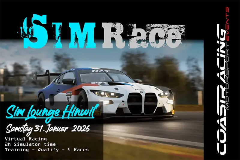 Virtueller BMW M4 GT3 Rennwagen für das Coast Racing SIM Race Event in der Sim lounge Hinwil am 31. Januar 2026.