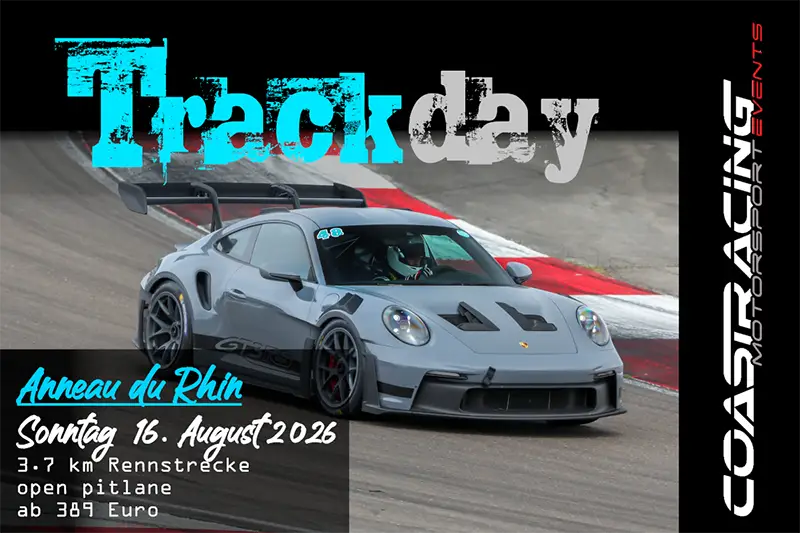 Grauer Porsche 911 GT3 RS auf der Rennstrecke Anneau du Rhin beim Coast Racing Trackda.