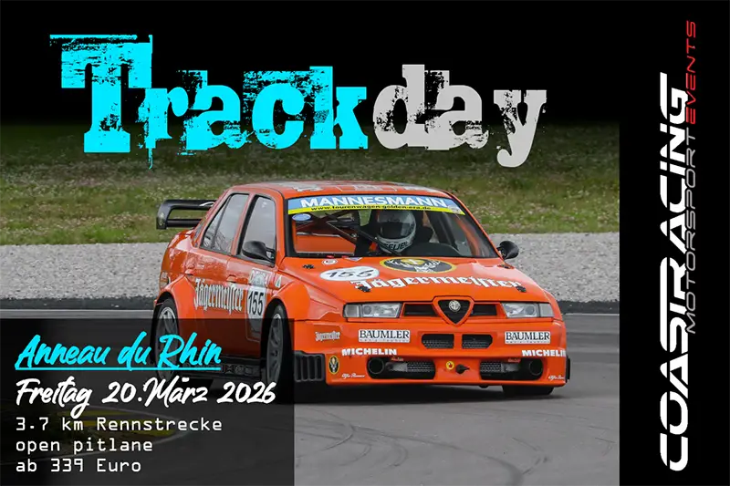 Oranger Jägermeister Alfa Romeo Tourenwagen auf der Strecke beim Coast Racing Trackday am Anneau du Rhin.