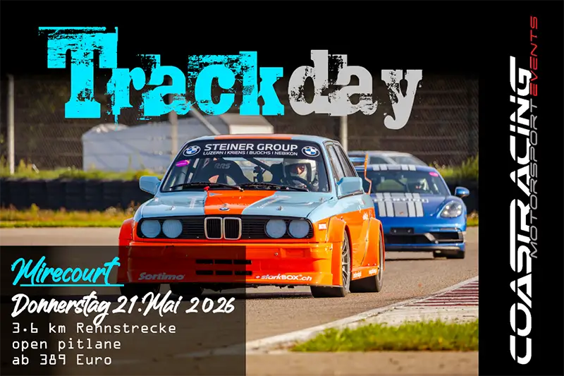 Klassischer BMW E30 M3 in Orange/Blau mit Rennsport-Umbau auf der Strecke Mirecourt beim Coast Racing Trackday.