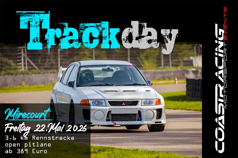 Weisser Mitsubishi Lancer Evo VIII/IX auf der Rennstrecke Mirecourt beim Coast Racing Trackday.